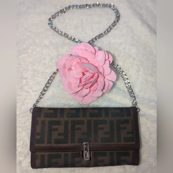 Fendi Authentic Zucca Brown Monogram Wallet Or Shoulder Bag with Silver Chain - Picture 1 of 10